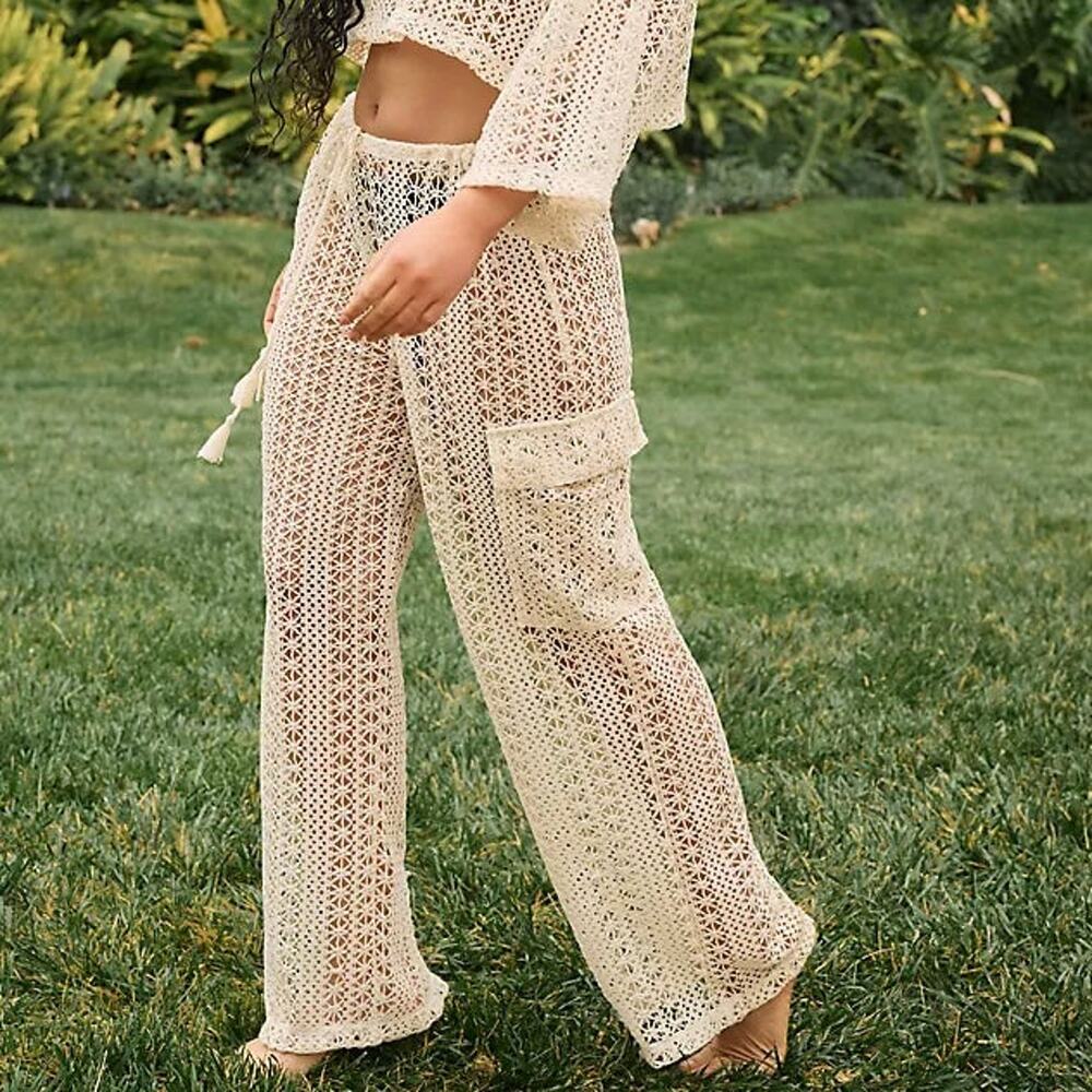 L Space Cream Sundown Sheer Crochet Cargo Beach Pants Medium NEW Anthropologie